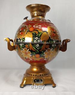 Ancien samovar rond impérial russe peint à la main, testé pour le thé/café