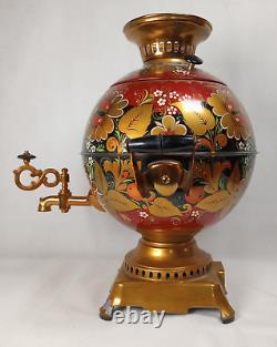 Ancien samovar rond impérial russe peint à la main, testé pour le thé/café