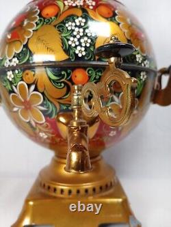 Ancien samovar rond impérial russe peint à la main, testé pour le thé/café