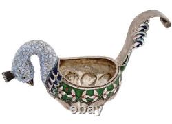 Antique 1894 Fabergé Russie Impériale 88 Argent Émail Kovsh Oiseau Paon