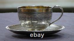 Antique 19c Russe Impérial 84 Silver Graved Tea Cup & Saucer Full Hallmarked