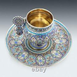 Antique 19ec Silver-gilt Solide Imperial Russe Et Enamel Cup Sur Saucer Vers 1887