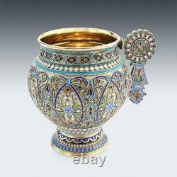 Antique 19ec Silver-gilt Solide Imperial Russe Et Enamel Cup Sur Saucer Vers 1887