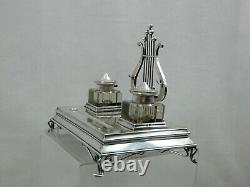 Antique Imperial Russe 84 Silver Ink Stand Inkwell Desk Set Motif Musical Lyre