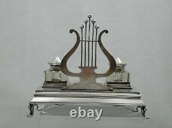 Antique Imperial Russe 84 Silver Ink Stand Inkwell Desk Set Motif Musical Lyre