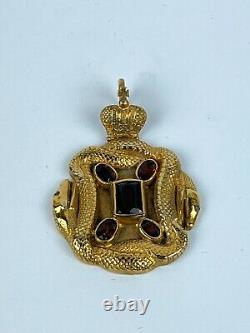 Antique Impérial Russe Faberge 84 Silver Gold Pl Garnets Snake & Crown Pendentif