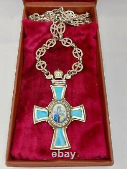 Antique Impérial Russe Faberge Argent 84 Pendentif De Croix De Panagia Orthodoxe Émail