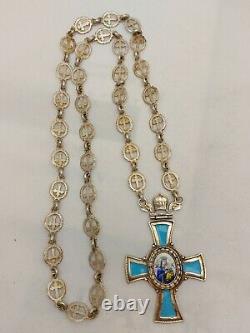 Antique Impérial Russe Faberge Argent 84 Pendentif De Croix De Panagia Orthodoxe Émail