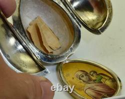 Antique Impérial Russe Faberge Argent Porte Relique D'oeuf De Pâques, Icône Peinte