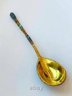 Antique Impérial Russe Gilt Sterling Argent 84 Coloré Émail Tea Spoon 13 Gr