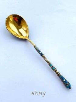 Antique Impérial Russe Gilt Sterling Argent 84 Coloré Émail Tea Spoon 16 Gr