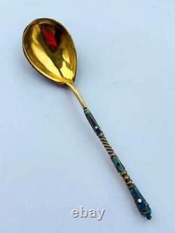 Antique Impérial Russe Gilt Sterling Argent 84 Coloré Émail Tea Spoon 16 Gr