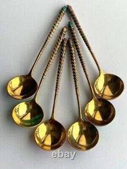 Antique Impérial Russe Gilt Sterling Argent 88 Enamel Set De 6 Cuillère À Thé 130gr