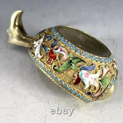 Antique Imperial Russian 84 Silver Enamel Small Kovsh Gold Washed	<br/>
 Traduction en français : Ancien Kovsh en argent émaillé russe impérial 84 doré