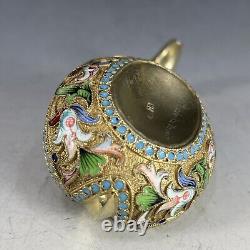 Antique Imperial Russian 84 Silver Enamel Small Kovsh Gold Washed<br/>Traduction en français : Ancien Kovsh en argent émaillé russe impérial 84 doré