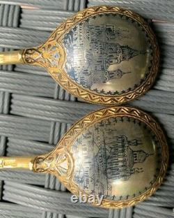 Antique Imperial Russian Silver Gilt Niello Émail Cuillères Ovchinnikov Moscou