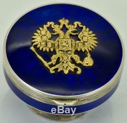 Antique Impériale Russe Fabergé 84 Argent Et Guilloché Pilulier Émail Transparent