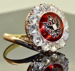 Antique Impériale Russe Faberge Or Rouge 14k, Bague En Émail Et Diamants 2.5ct. Encadré