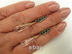 Antique Impériale Russe Rose Gold 56 14k Boucles D’oreilles Bijoux Emerald Rock Crystal