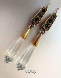 Antique Impériale Russe Rose Gold 56 14k Boucles D’oreilles Bijoux Emerald Rock Crystal