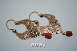 Antique Impériale Russe Rose Or 56 Bijoux Boucles D'oreilles Corail Naturel 5,9 Gr