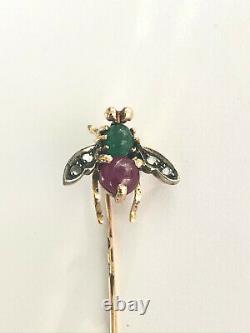 Antique Insect Stick Pin Broche Impériale Russe Faberge 14k Gold Ruby Diamond
