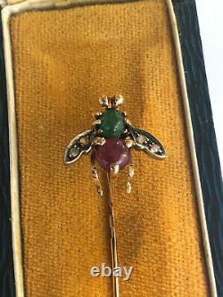 Antique Insect Stick Pin Broche Impériale Russe Faberge 14k Gold Ruby Diamond