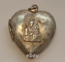 Antique Rare Pendentif Boîte Cœur Argent 84 Russie Impériale Mère De Dieu