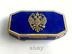 Antique Russe Impériale Faberge Argent Massif Bleu Émail Boîte Gilded Armoiries De Manteau