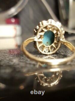 Antique Turquoise Et Diamants Bague En Or 18k Russian Imperial