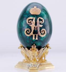Antiquité Impériale Russe Gilt Argent, Malachite Egg De Pâques Par Michael Perkhin