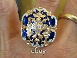 Art Nouveau 14k Rough Diamond Blue & White Enamel Russian Imperial Eagle Ring