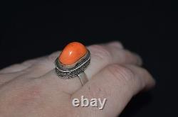 Bague en corail BIG en argent 84 de design impérial russe Fabergé du 19ème siècle VTG antique saumon