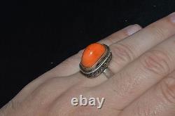 Bague en corail BIG en argent 84 de design impérial russe Fabergé du 19ème siècle VTG antique saumon