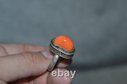 Bague en corail BIG en argent 84 de design impérial russe Fabergé du 19ème siècle VTG antique saumon