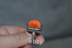 Bague en corail BIG en argent 84 de design impérial russe Fabergé du 19ème siècle VTG antique saumon