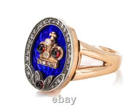 Bague pour homme en or 14 carats avec émail et pierres précieuses de l'Empire russe antique Fabergé, taille 10