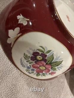 Bol et assiette en porcelaine impériale russe antique des années 1890 avec motif floral rouge, marqué 14