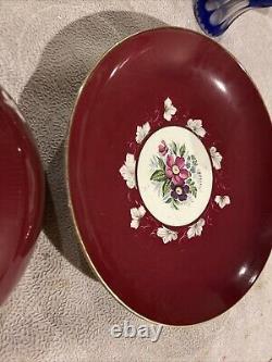 Bol et assiette en porcelaine impériale russe antique des années 1890 avec motif floral rouge, marqué 14