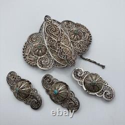 Boucle de ceinture en filigrane émaillé en argent russe antique de style ottoman avec 3 glissières.