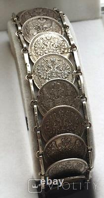 Bracelet antique en pièces d'argent de l'Empire russe, bijou avec blason pour femmes et hommes du 19ème siècle.