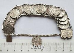 Bracelet antique en pièces d'argent de l'Empire russe, bijou avec blason pour femmes et hommes du 19ème siècle.