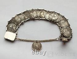 Bracelet antique en pièces d'argent de l'Empire russe, bijou avec blason pour femmes et hommes du 19ème siècle.