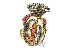 Broche impériale en or antique des Romanov tsaristes avec couronne royale, chiffre ducal et royauté RU