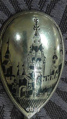 Cuillère en argent nielo impériale russe 84 du 19e siècle, églises de Moscou, poinçonnée