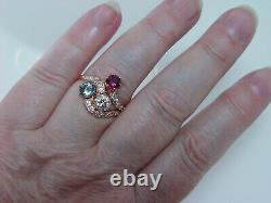 Diamant Européen Impériale Russe Ruby Aquamarine Bague En Or Rose 14k Antique56