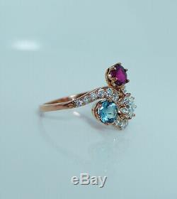 Diamant Européen Impériale Russe Ruby Aquamarine Bague En Or Rose 14k Antique56