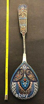 Énorme Antique Impériale Russe 88 Enamel Silver Serving Spoon (navalinen)