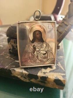Icône chrétienne de Jésus-Christ en argent impérial russe antique 84, marquée à la main