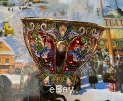 Imperial Russian 88 Vermeil En Émail Cloisonné Ouvert Bowl Par Grigoriy Sbignev